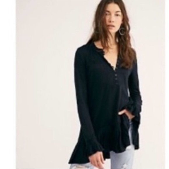 Free People Your Girl Henley Tunic Ruffle Black Small - Picture 1 of 16